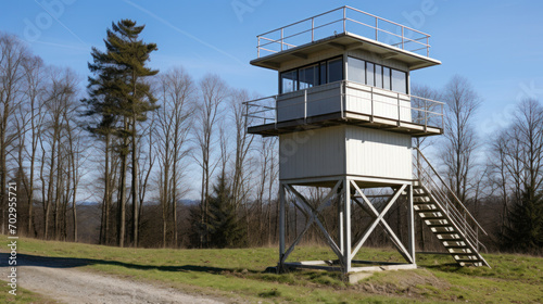 Watchtower in forest, border security, military base or prison