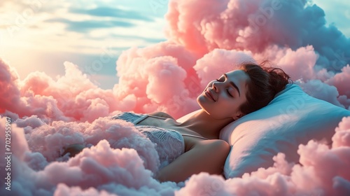 Generative AI, young woman are sleeping surrounded by fluffy cottony pink clouds in the sky