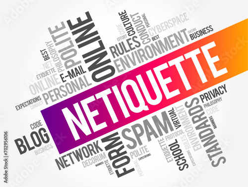 Netiquette is a set of rules that encourages appropriate and courteous online behavior, word cloud concept background