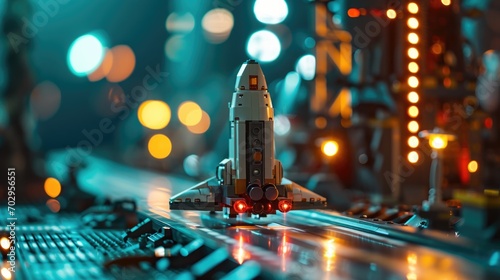 A lego spaceship on a launch pad, set against a space backdrop, with a strong sense of futuristic technology. photo