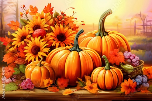 Background of autumn with pumpkins and maple leavesBackground of Thanksgiving or the harvest
