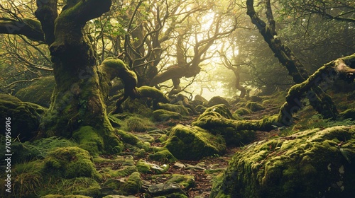  Mystical foggy forest with ancient trees in morning light, mysterious landscape with overgrown ground and rocks under sunlight. Fairytale atmosphere. Concept of magic, unexplored nature and serenity