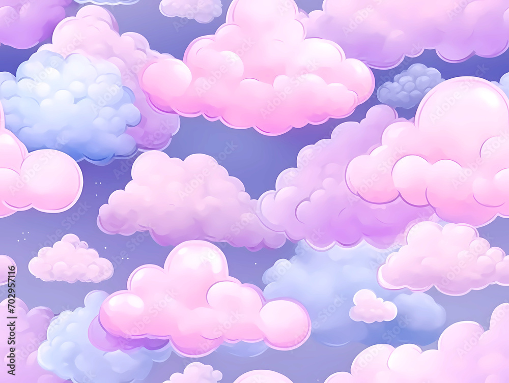 Pink and blue pastel colored clouds seamless wallpaper. soft round cartoon fluffy clouds background.  endless decorative texture. decorative element