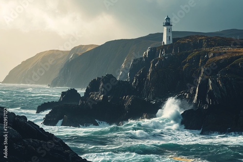 Stormy sea landscape with lighthouse on rocky coast in Ireland. Dramatic sky, ocean waves crashing on rocks, bright sun rays bursting through clouds. Lighthouse on cliff. Nature, travel, adventure photo