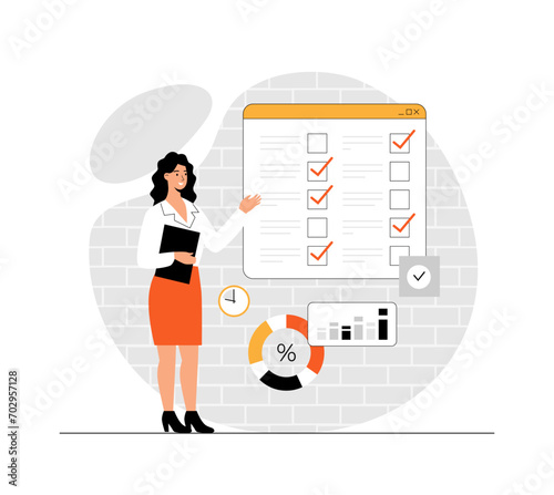 Online survey concept. Woman filling questionnaire on web page, giving feedback, marking answers in checklist form. Illustration with people scene in flat design for website and mobile development.
