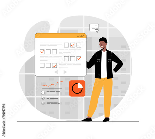 Online survey concept. Man marking answers in questionnaire, fills voting form, leaving his user experience. Illustration with people scene in flat design for website and mobile development.