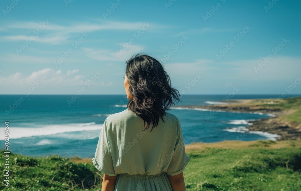 Fototapeta premium Back view of a woman in beautiful clothes standing on the beach 