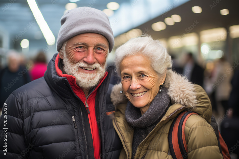 Senior couple at railway station. Aged passengers travelling together. Cheerful elderly man and woman waiting for boarding at terminal Senior couple at railway station. Aged passengers travelling together. Cheerful elderly man and woman waiting for boarding at terminal