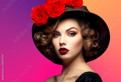 Portrait of a brunette woman in black with roses and colorful background. horizontal image with copy space