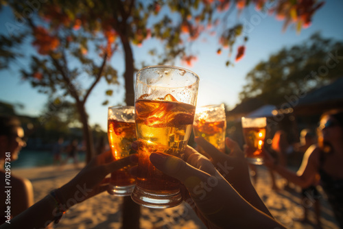 Hands hold glasses of beer against tropical sea beach. Friends drinking alcohol at open air party during summer holiday. People toasting with beer