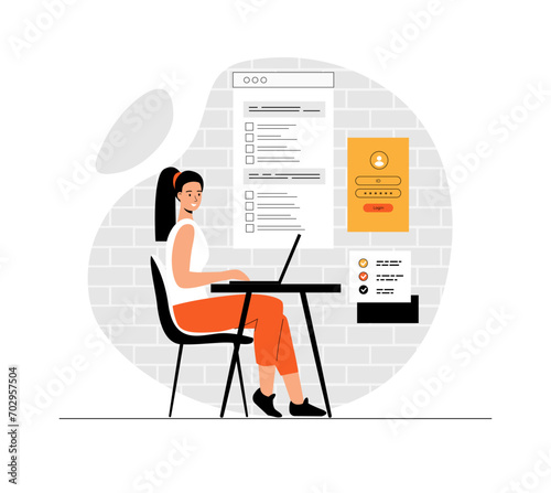 Online survey concept. Woman filling survey form, Feedback service, Checklist, Online test. Illustration with people scene in flat design for website and mobile development.