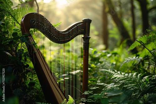 Beautiful Celtic harp stands in the middle of a green enchanted forest with sun rays shining through the trees. Symbol of Ireland, Irish traditional music, St Patrick\'s Day. Copy space for text
