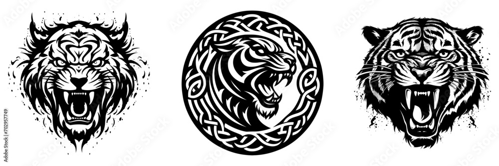 Set of roaring tiger with different angry expressions, symbols for tattoo design, emblem or logo, vector illustration.