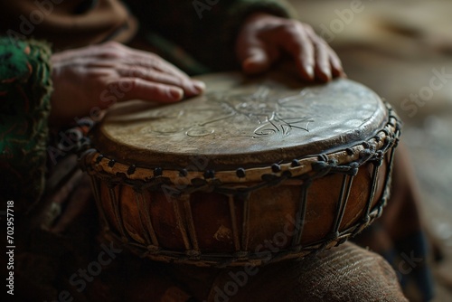  Close-up of a person playing a traditional Irish bodhran drum. Celtic folk music concept. Irish culture. Ancient musical instrument. Ireland, history photo