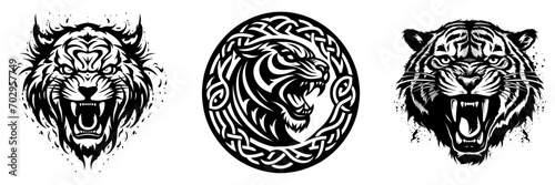 Set of roaring tiger with different angry expressions, symbols for tattoo design, emblem or logo, vector illustration.