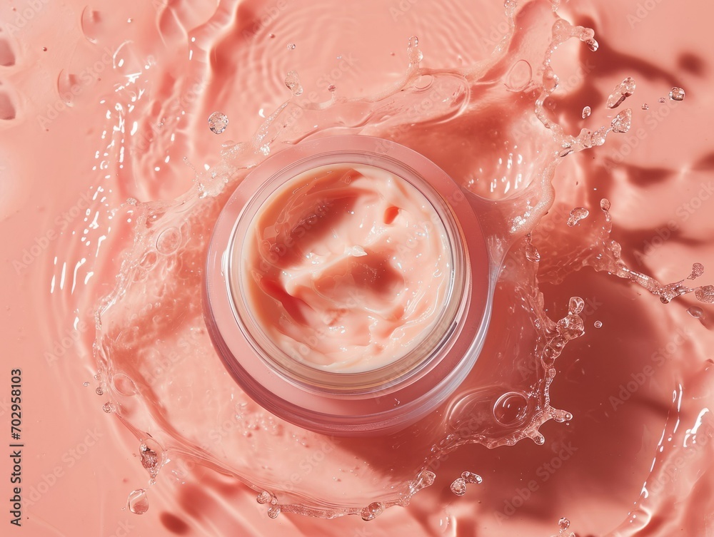 image of a glass jar of face cream on a peach-colored background. concept cosmetics, body care, beauty, makeup, soft, liquid image of a glass jar of face cream on a peach-colored background. concept cosmetics, body care, beauty, makeup, soft, liquid