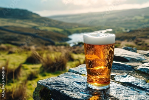 Glass of Irish refreshing beer on stone table with green mountains landscape. Enjoying scenic view of Ireland. Concept of rest after hiking trip. Banner, poster, greeting card with copy space. 