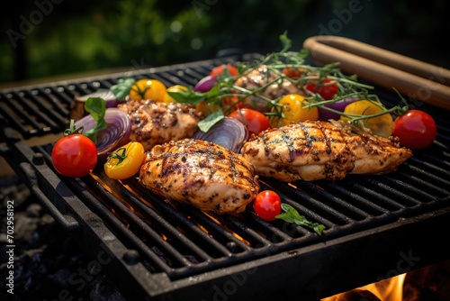 Chicken marinated fillet meat with vegetables on the grill photo