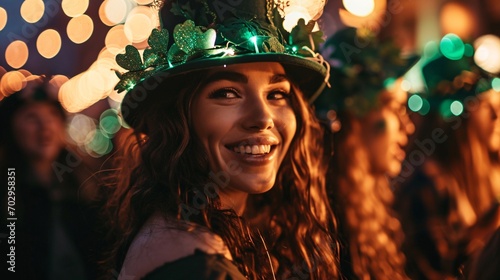 Beautiful woman celebrating St Patrick's Day. Wearing green hat with shamrocks and smiling. Blurry lights in the background, bokeh. Irish culture, holidays in Ireland