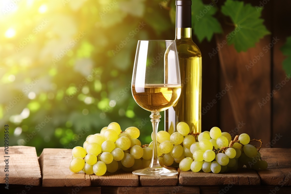 Bottle and glass of white wine with ripe grapes on wooden background