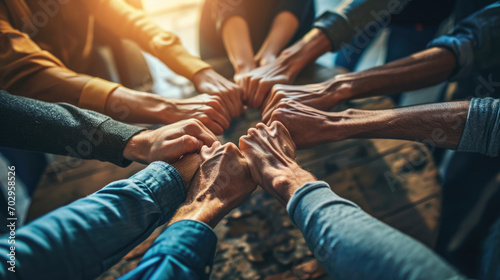 A team of professionals in a meeting showing unity by joining fists together in a circle, symbolizing collaboration and mutual support in a business or work environment. photo