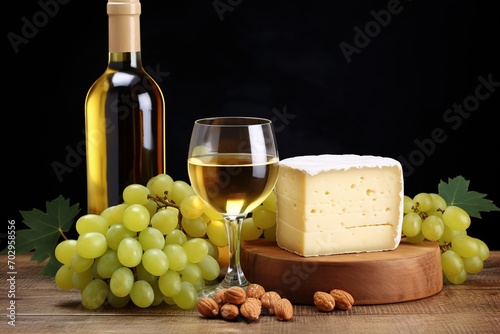 Bottle and glass of white wine with grapes and cheese on wooden background