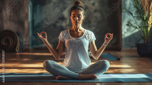Woman sitting in the lotus position on a yoga mat  meditating with her eyes closed