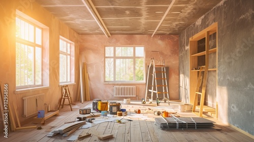 Preparation for renovation in a peach-colored apartment. ladders and a bucket of paint. empty space for text. concept: renovation, restoration, apartment purchase photo
