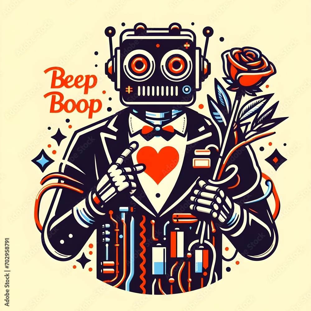 Text beep boop logo for Valentine's day of a robot in a suit.
