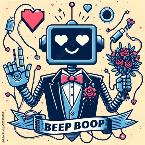 Text beep boop logo for Valentine's day of a robot in a suit.
 photo