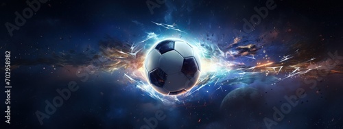 football theme poster with empty space for text on a dark blue background with stars. concept sport, football, ball, competition, league photo