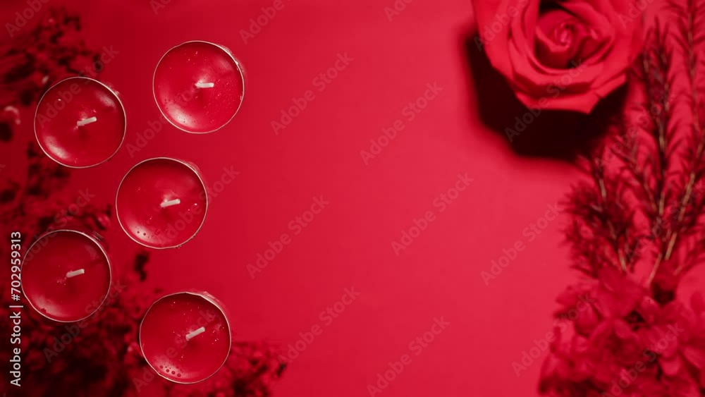Composition of flowers, candles on pink background with water waves top view close-up. Wallpaper with flora aroma objects Composition of flowers, candles on pink background with water waves top view close-up. Wallpaper with flora aroma objects