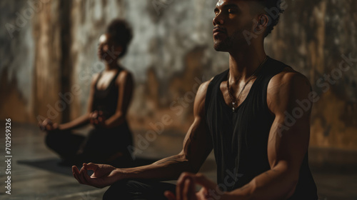 Man in the foreground practicing meditation with a focused and peaceful expression