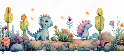 Baby dinosaurs watercolor illustration. cute animals for nursery. character design banner baby dinosaur for kids © Feathering Flower