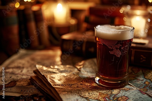  Fantasy beer on the table with old books and scrolls. Magic potion for brave warriors concept. Glass with dark drink. Medieval fantasy tavern. Ireland, Irish vibes  photo