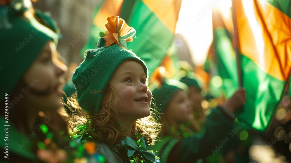Obraz na płótnie Little girl with orange bow in green hat at St Patrick's Day parade. Happy kid celebrating St Paddy's in crowd on street with Irish flags. Ireland and Celtic culture, tradition. Banner with copy space w salonie