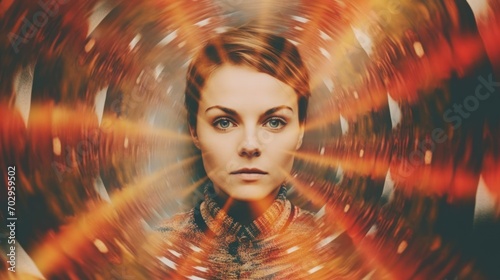 An attractive woman looks at the camera through glass. Digital illustration of a girl surrounded by details. The background has symmetry and octane effects, creating a realistic, detailed look photo