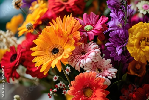 A vibrant bouquet of cut flowers, including chrysanths, barberton daisies, and gerberas, arranged in a stunning floral design with artificial and outdoor elements, evoking feelings of joy and beauty