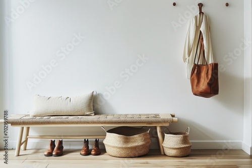 A cozy indoor scene featuring a quaint wall-mounted bench adorned with a pair of shoes and a stylish handbag hanging on a hook, adding a touch of fashion to the functional furniture photo