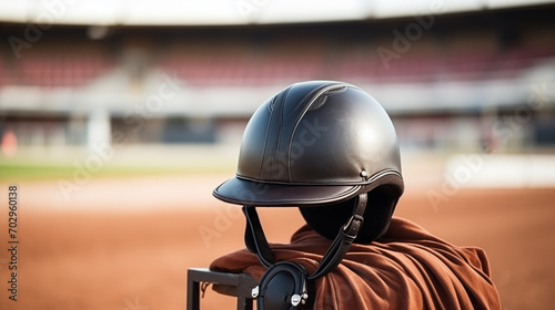 Jockey helmet, leather stack on the background of an equestrian arena photo