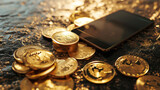 Smartphone Surrounded by Gleaming Gold Coins, Symbolizing Financial Success and Digital Prosperity. Online marketing, stock market, Making money online concept.