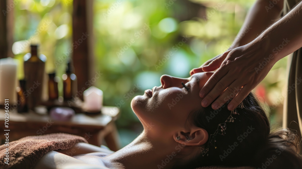 A Tranquil Scene of a Woman Receiving a Relaxing Head Massage in a Serene Spa Setting