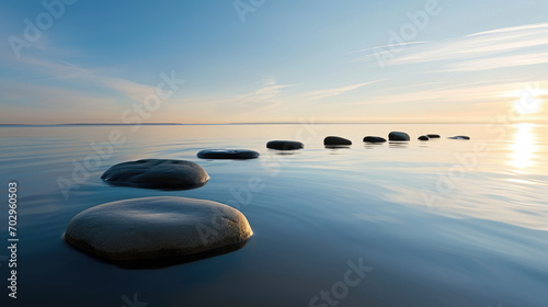 Smooth Stones Leading Across Calm Waters at Dawn, a Pathway to Peaceful Reflection