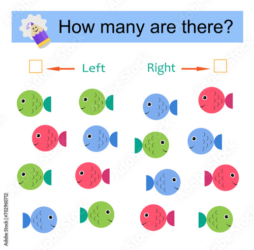 Left or Right. Educational game for kids. Count how many cartoon fishes are turned left and how many are turned right.