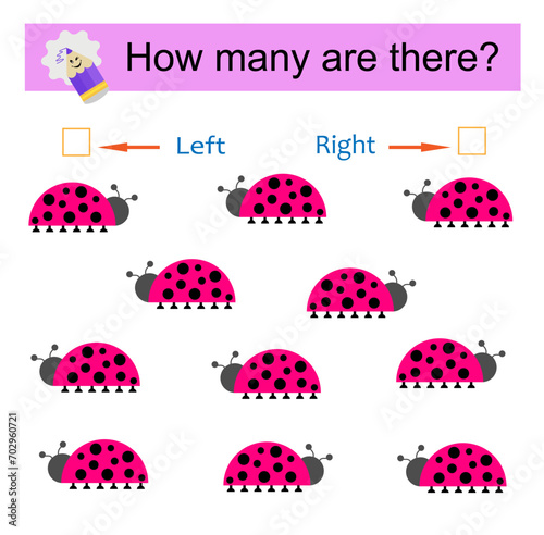 Left or Right. Educational game for kids. Count how many  ladybugs are turned left and how many are turned right.