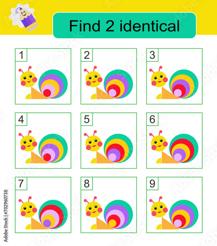 Fun puzzle game. Need to find two identical cartoon snails. Task for development of attention and logic.