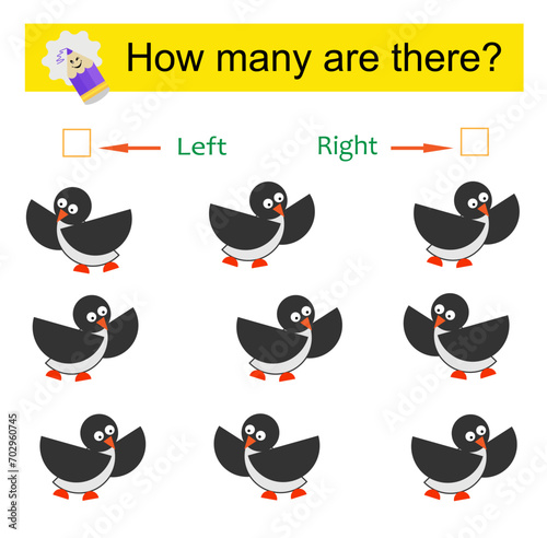 Left or Right. Educational game for kids. Count how many penguins are turned left and how many are turned right.