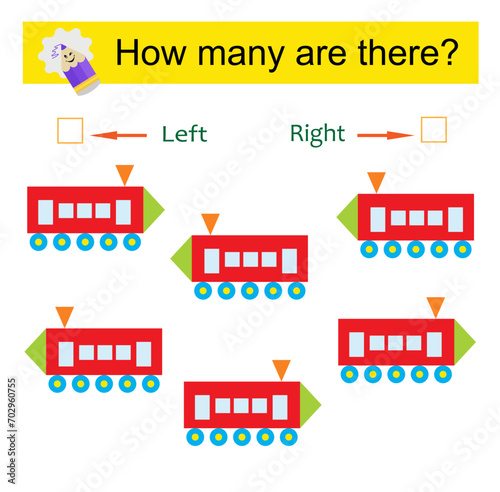 Left or Right. Educational game for kids. Count how many toy locomotives are turned left and how many are turned right.