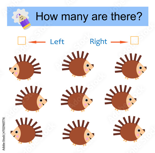 Left or Right. Educational game for kids. Count how many hedgehogs are turned left and how many are turned right.