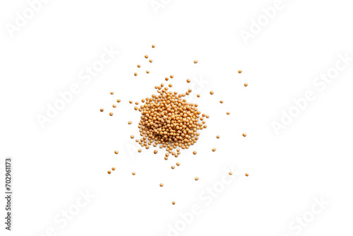 Heap of organic dry yellow mustard seeds isolated on a transparent background with shadows from above, top view, png photo